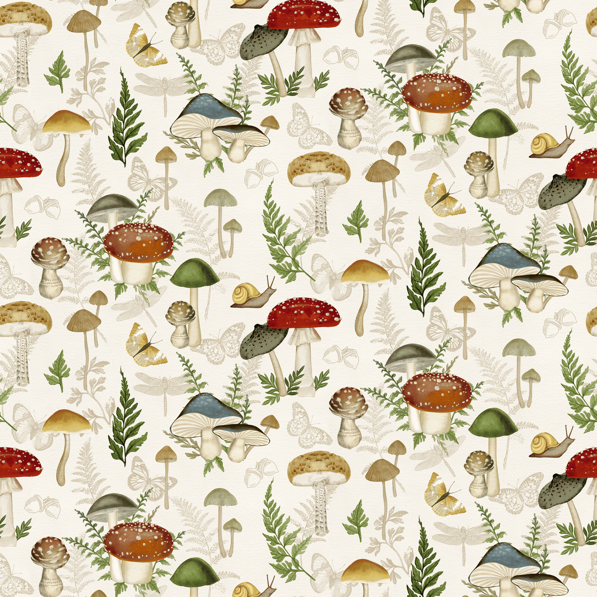 Watercolor mushrooms, ferns, and butterflies on a cream background